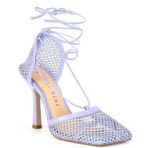 Gianni Bini Reagan Purple Lavender Fishnet Ankle Wrap Mesh Heels Shoes 6 Leather